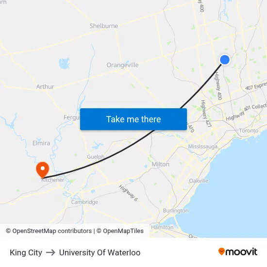 King City to University Of Waterloo map