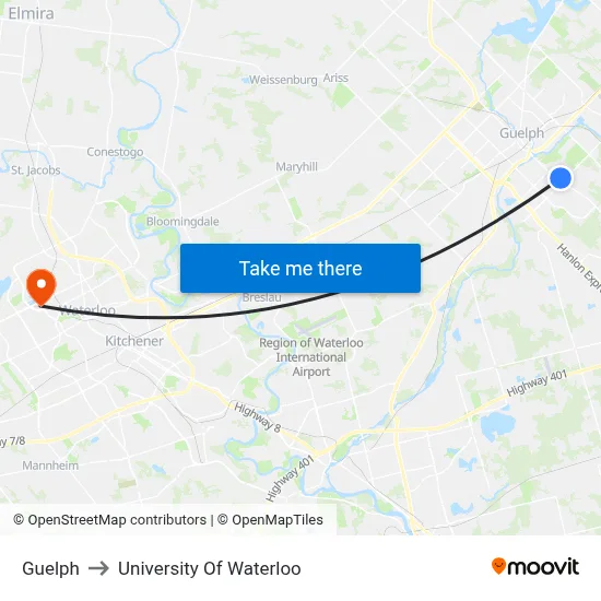 Guelph to University Of Waterloo map