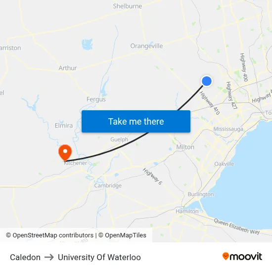 Caledon to University Of Waterloo map