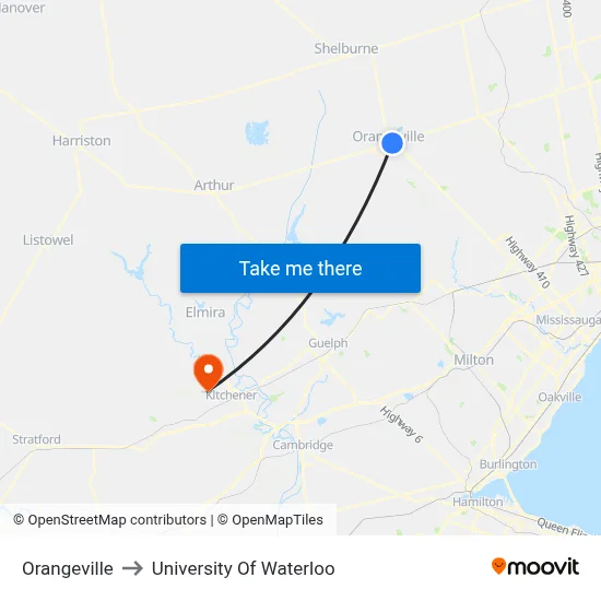 Orangeville to University Of Waterloo map