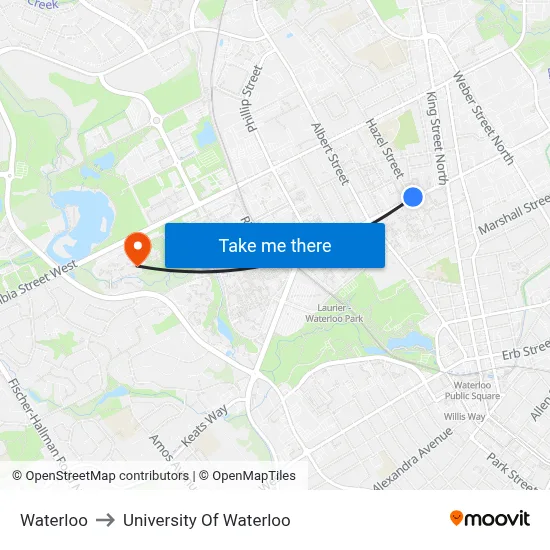 Waterloo to University Of Waterloo map
