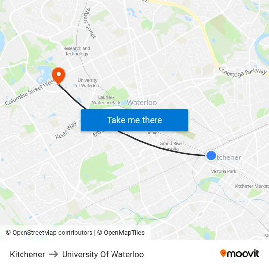 Kitchener to University Of Waterloo map