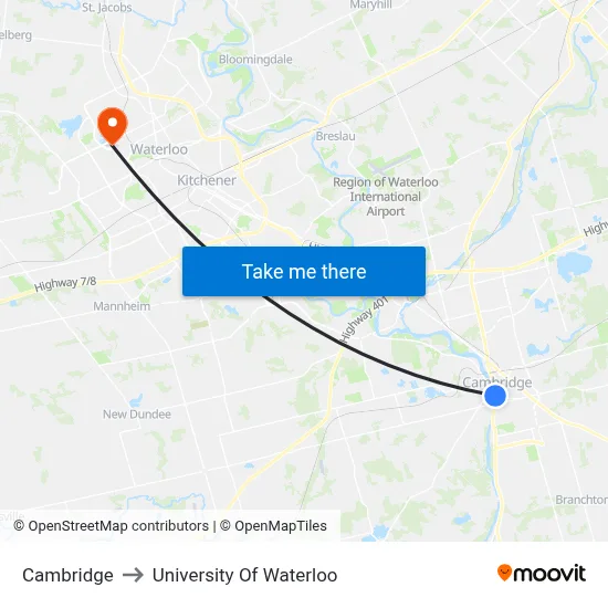 Cambridge to University Of Waterloo map