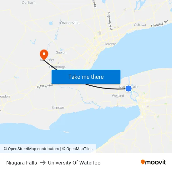 Niagara Falls to University Of Waterloo map