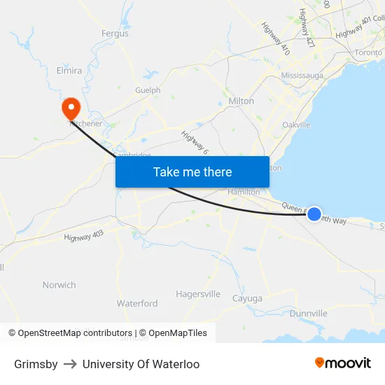 Grimsby to University Of Waterloo map