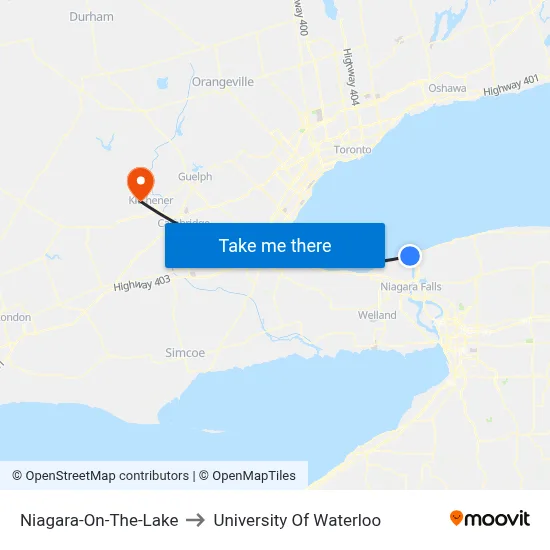 Niagara-On-The-Lake to University Of Waterloo map