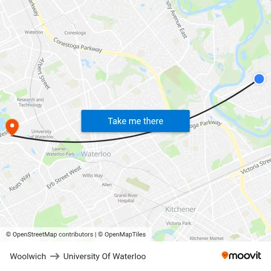Woolwich to University Of Waterloo map