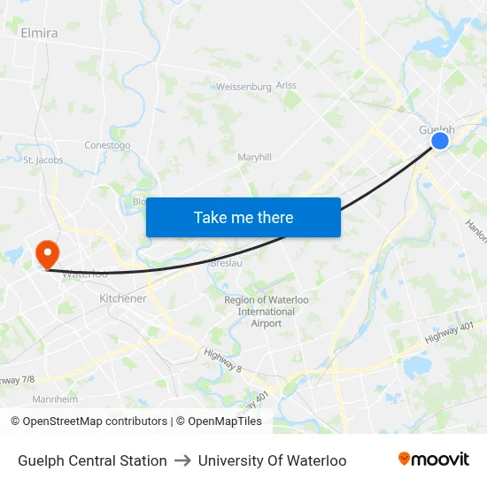 Guelph Central Station to University Of Waterloo map