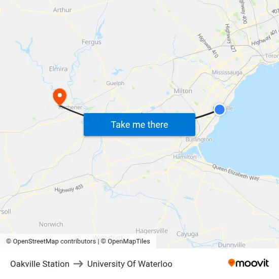 Oakville Station to University Of Waterloo map