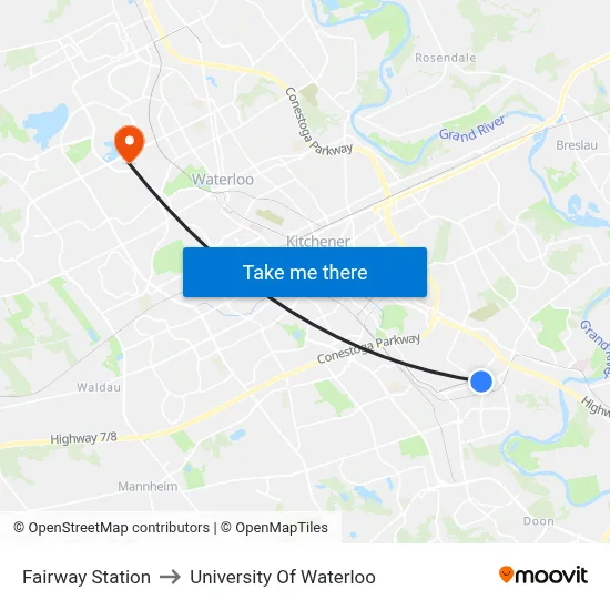 Fairway Station to University Of Waterloo map