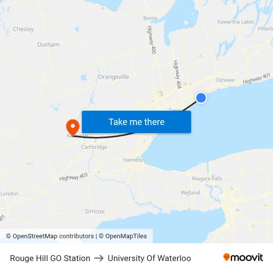 Rouge Hill GO Station to University Of Waterloo map