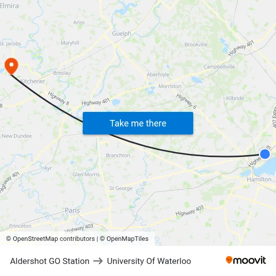 Aldershot GO Station to University Of Waterloo map