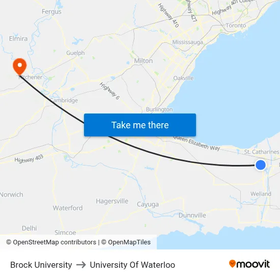 Brock University to University Of Waterloo map
