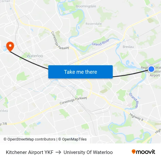 Kitchener Airport YKF to University Of Waterloo map