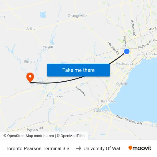 Toronto Pearson Terminal 3 Station to University Of Waterloo map