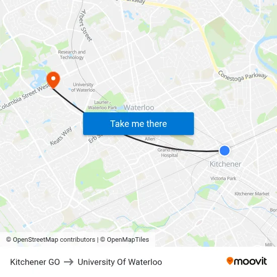 Kitchener GO to University Of Waterloo map