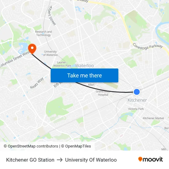 Kitchener GO Station to University Of Waterloo map