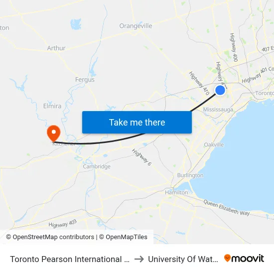 Toronto Pearson International Airport to University Of Waterloo map