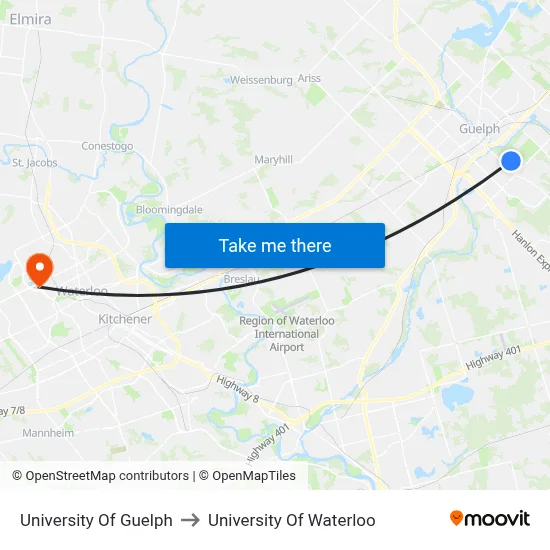 University Of Guelph to University Of Waterloo map