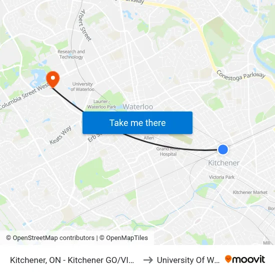 Kitchener, ON - Kitchener GO/VIA Rail Station to University Of Waterloo map