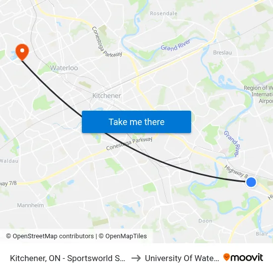 Kitchener, ON - Sportsworld Station to University Of Waterloo map