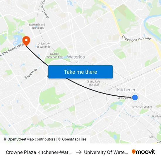 Crowne Plaza Kitchener-Waterloo to University Of Waterloo map