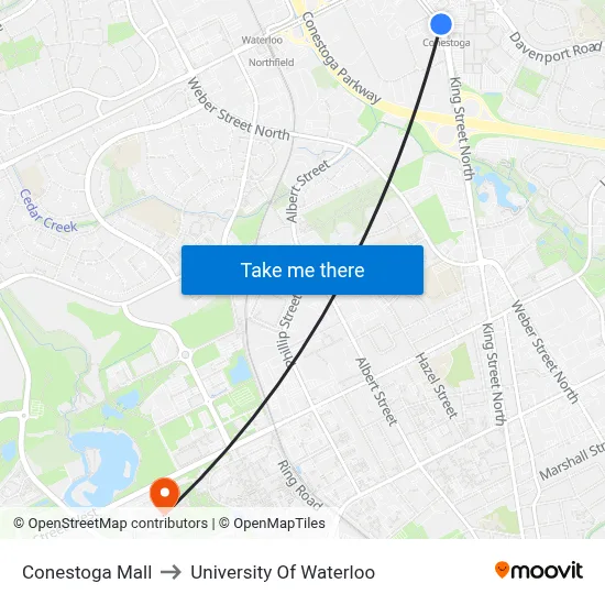 Conestoga Mall to University Of Waterloo map