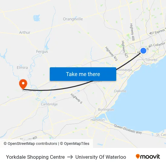 Yorkdale Shopping Centre to University Of Waterloo map