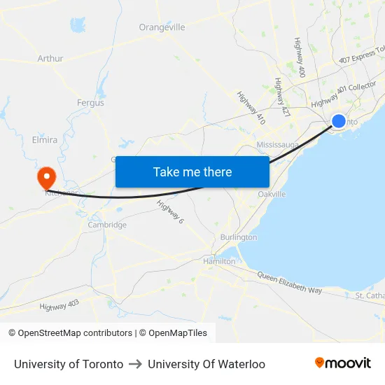 University of Toronto to University Of Waterloo map