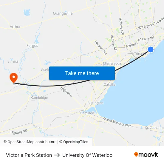 Victoria Park Station to University Of Waterloo map