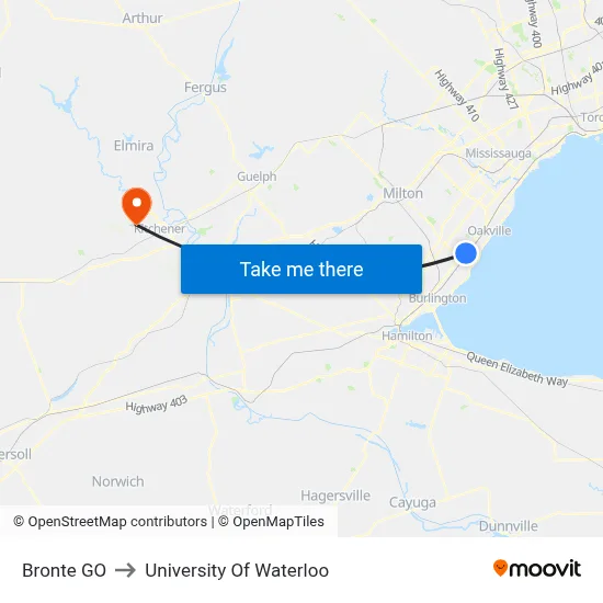 Bronte GO to University Of Waterloo map