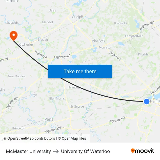 McMaster University to University Of Waterloo map