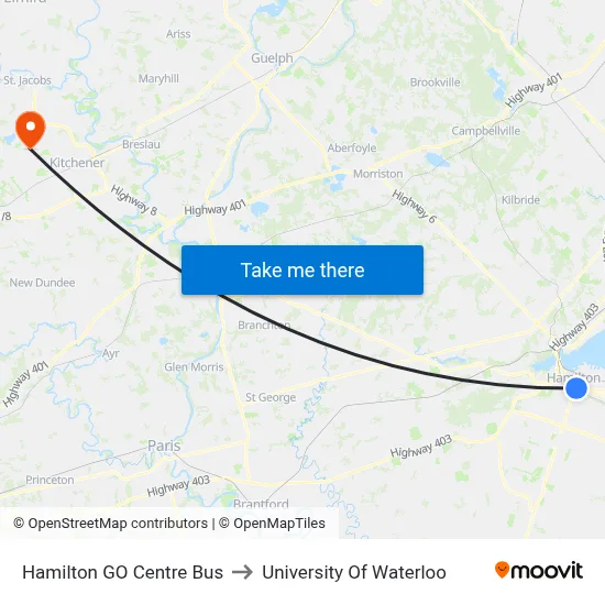 Hamilton GO Centre Bus to University Of Waterloo map