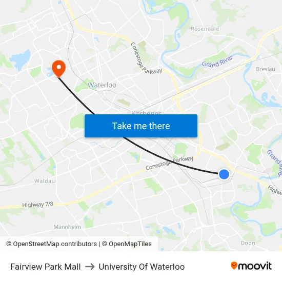 Fairview Park Mall to University Of Waterloo map