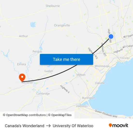 Canada’s Wonderland to University Of Waterloo map