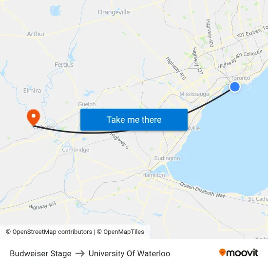 Budweiser Stage to University Of Waterloo map