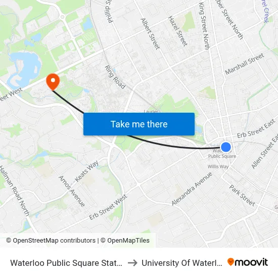 Waterloo Public Square Station to University Of Waterloo map