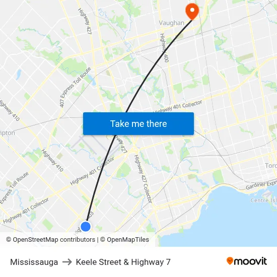 Mississauga to Keele Street & Highway 7 map