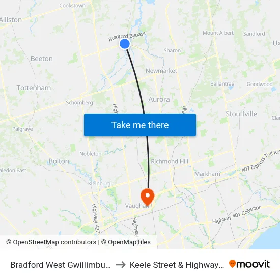 Bradford West Gwillimbury to Keele Street & Highway 7 map