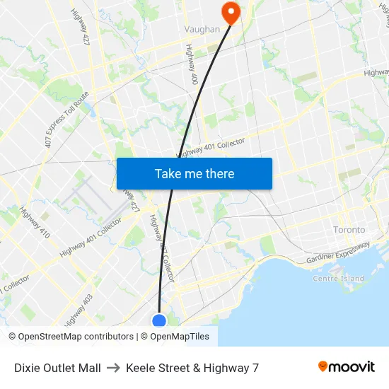Dixie Outlet Mall to Keele Street & Highway 7 map