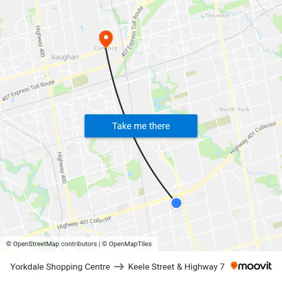 Yorkdale Shopping Centre to Keele Street & Highway 7 map