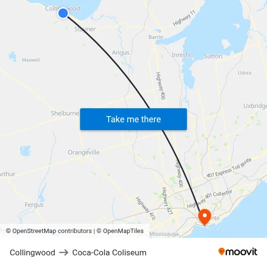 Collingwood to Coca-Cola Coliseum map