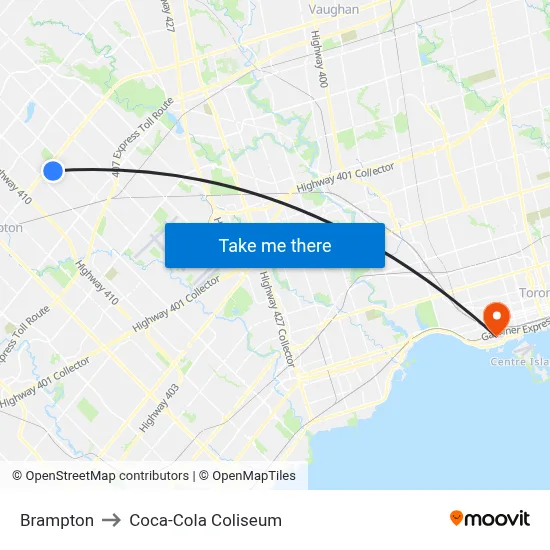 Brampton to Coca-Cola Coliseum map