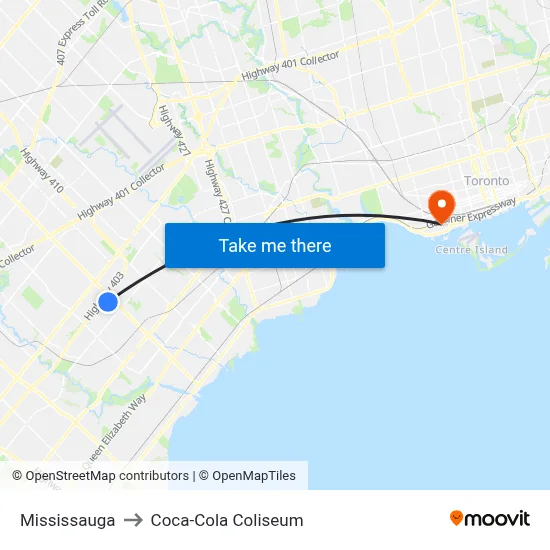 Mississauga to Coca-Cola Coliseum map