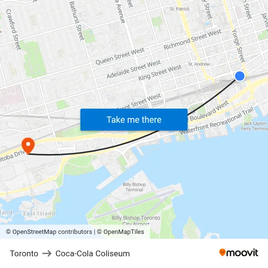 Toronto to Coca-Cola Coliseum map
