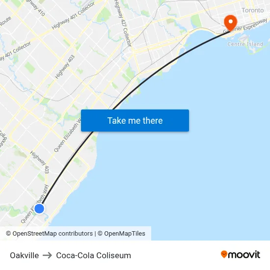 Oakville to Coca-Cola Coliseum map