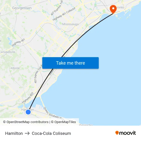 Hamilton to Coca-Cola Coliseum map