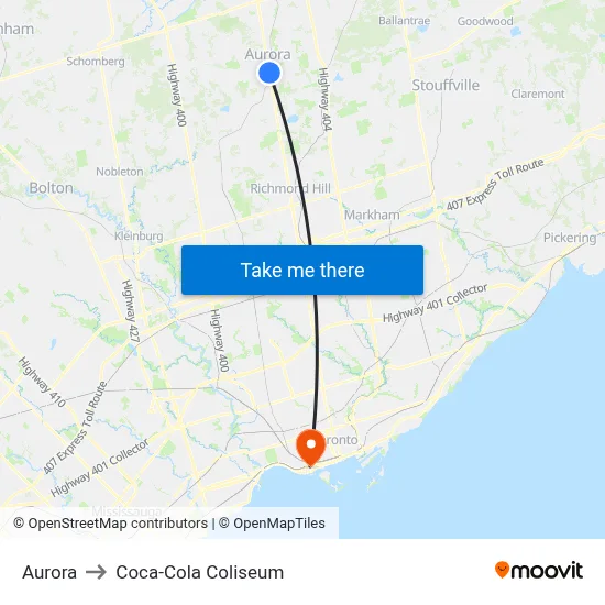 Aurora to Coca-Cola Coliseum map
