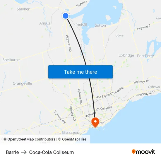 Barrie to Coca-Cola Coliseum map