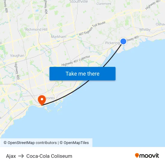 Ajax to Coca-Cola Coliseum map